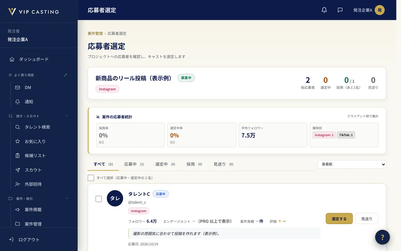 発注者の応募者管理の画面の表示例。案件に集まった応募者（タレントB・C）が並んでいます。