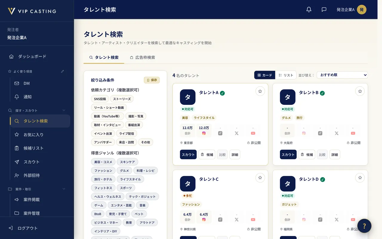 発注者のタレント検索の画面の表示例。タレントA〜Dのカードにスカウトのボタンがあります。